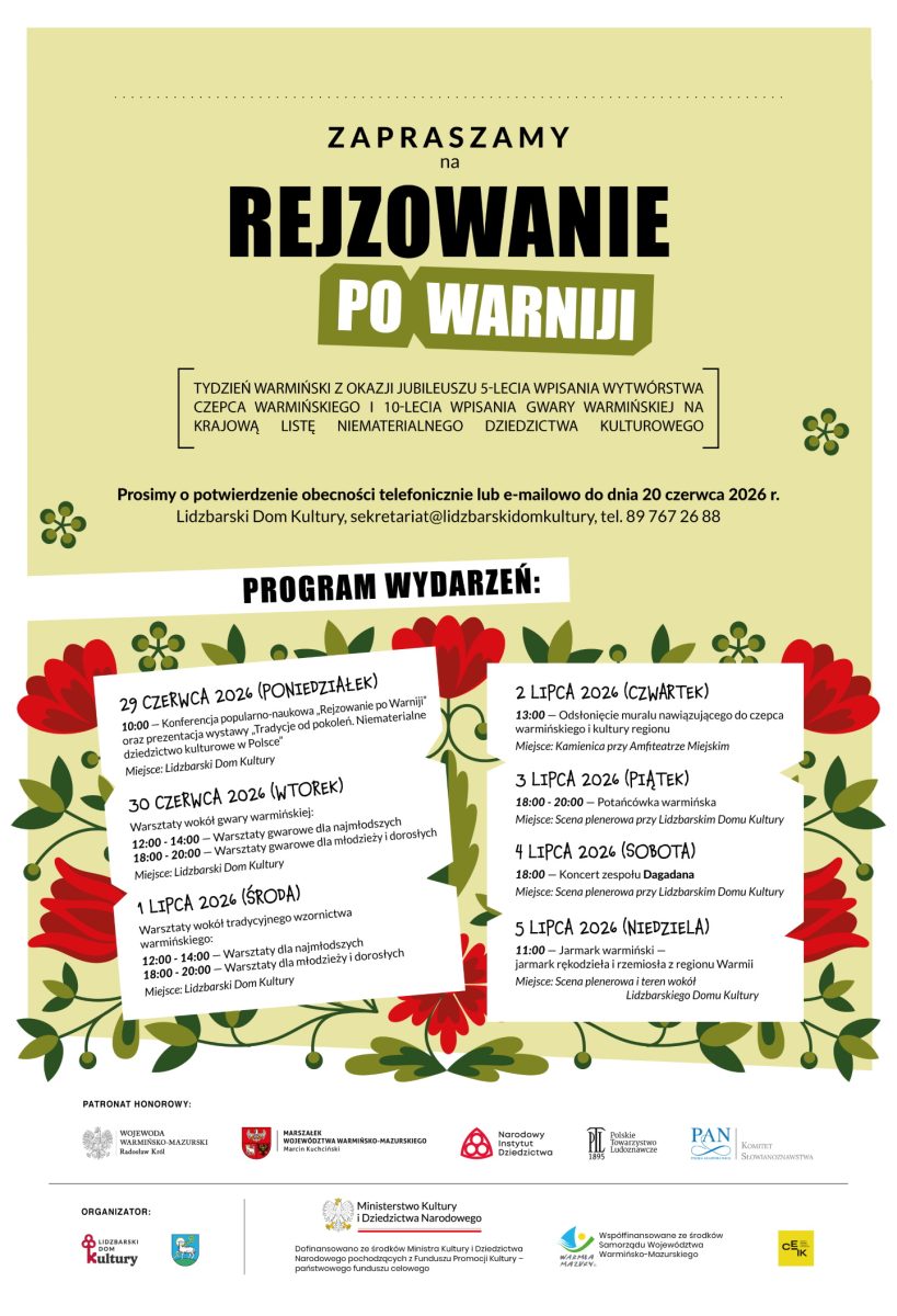 Plakat zapraszający od 29 czerwca do 5 lipca 2026 r. do Lidzbarka Warmińskiego na Rejzowanie po Warniji w Lidzbarku Warmińskim 2026.  