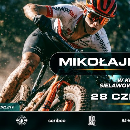 Plakat zapraszający w niedzielę 28 czerwca 2026 r. do Mikołajek na kolejną edycję wydarzenia Łaciate Mazury MTB Mikołajki „W krainie Sielawowego Króla” Mikołajki 2026.  