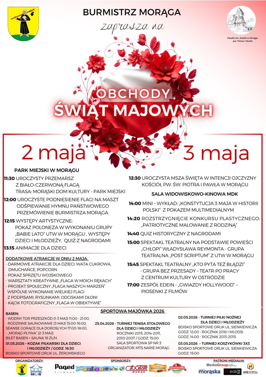 Plakat zapraszający w dniach 2-3 maja 2026 r. do Morąga na Obchody Świąt Majowych w Morągu 2026. 