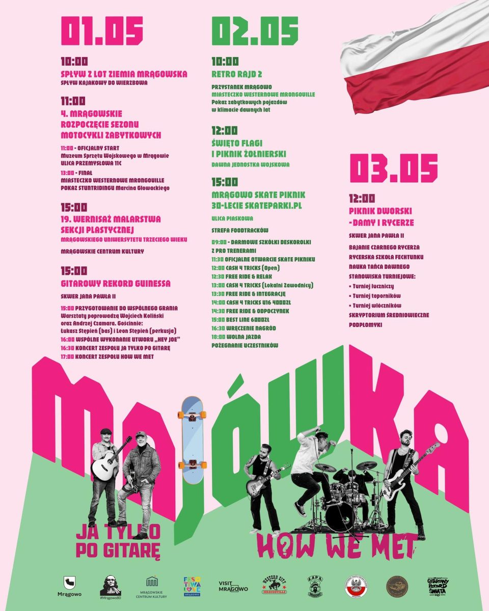 Plakat zapraszający w dniach 1-3 maja 2026 r. do Mrągowa na Majówkę w Mrągowie 2026. 