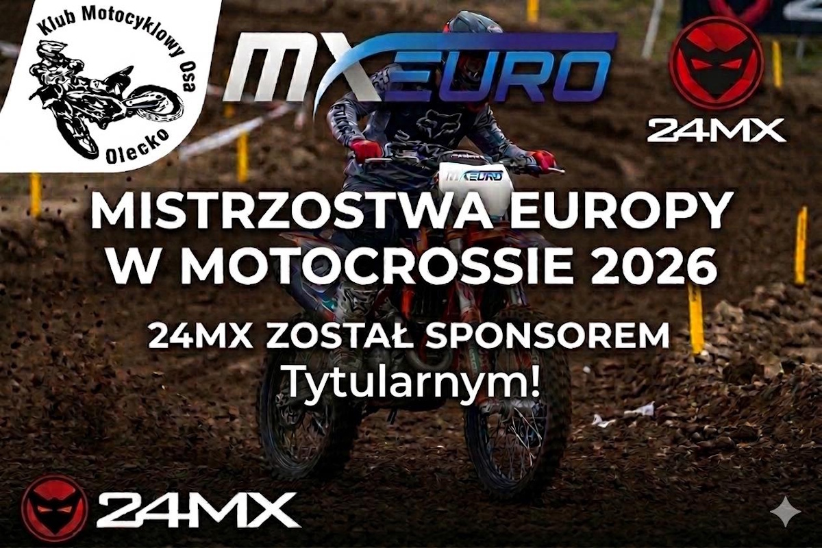Plakat zapraszający w dniach 23-24 maja 2026 r. do Olecka na Motocrossowe Mistrzostwa Europy 24MX Olecko 2026.  