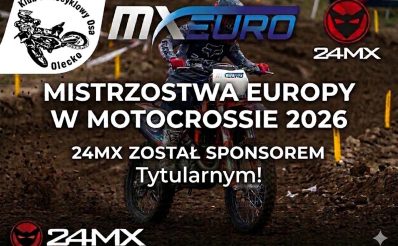 Plakat zapraszający w dniach 23-24 maja 2026 r. do Olecka na Motocrossowe Mistrzostwa Europy 24MX Olecko 2026.  