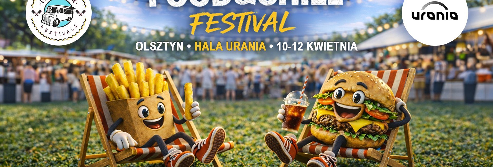 Plakat zapraszający w dniach 10-12 kwiecień 2026 r. do Olsztyna na FOOD & CHILL FESTIVAL Hala Urania Olsztyn 2026.