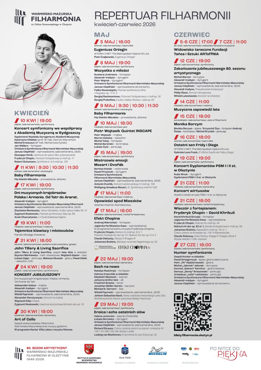 Filharmonia Olsztyn. Repertuar koncertów kwiecień - maj - czerwiec 2026 r.