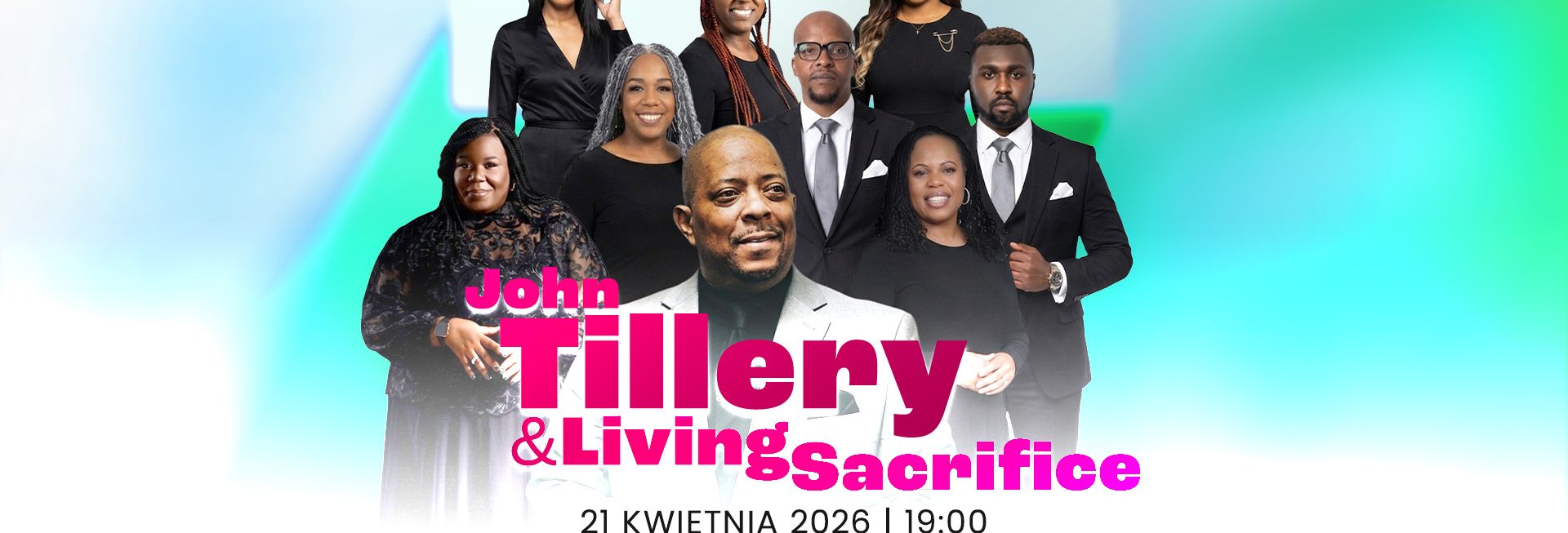 Plakat zapraszający we wtorek 21 kwietnia 2026 r. do Olsztyna na koncert muzyki gospel John Tillery & Living Sacrifice Filharmonia Olsztyn 2026.