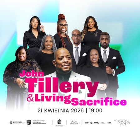 Plakat zapraszający we wtorek 21 kwietnia 2026 r. do Olsztyna na koncert muzyki gospel John Tillery & Living Sacrifice Filharmonia Olsztyn 2026.