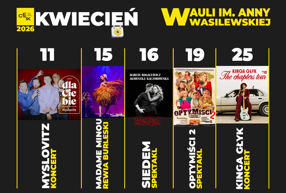 Repertuar wydarzeń organizowanych w kwietniu 2026 w  Auli im. Anny Wasilewskiej w Olsztynie.