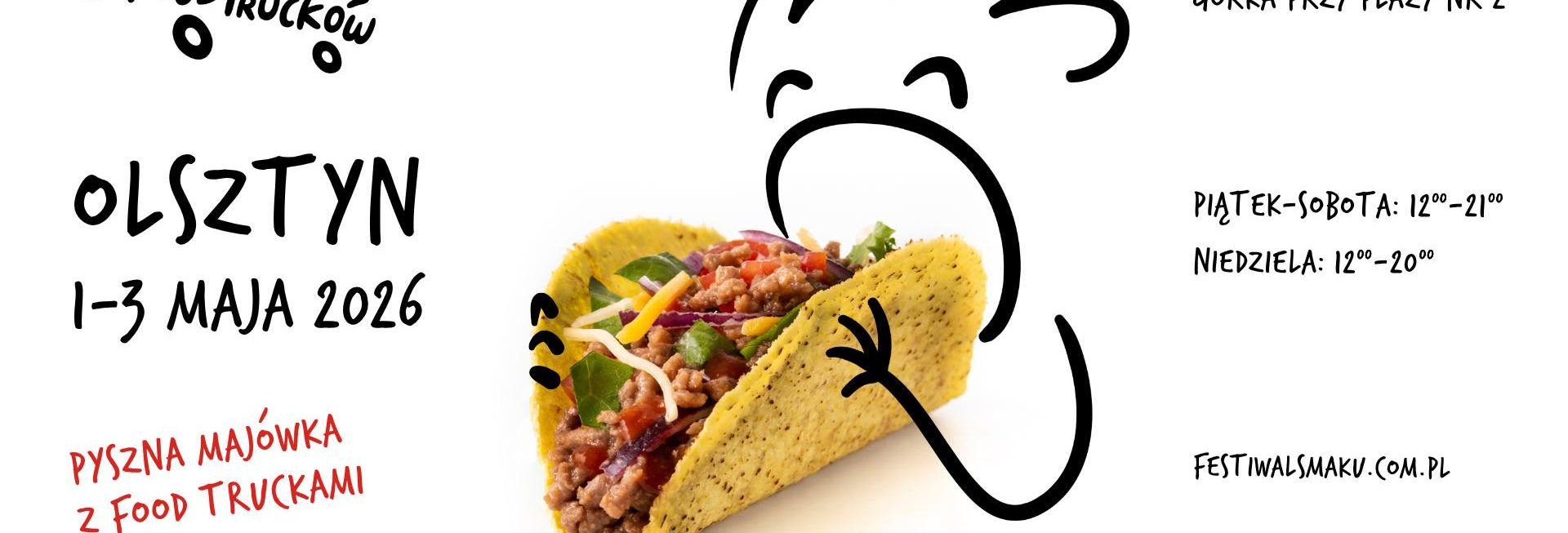 Plakat zapraszający w dniach 1-3 maja 2026 r. do Olsztyna na Pyszną Majówkę z Food Truckami w Olsztynie 2026. 