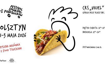 Plakat zapraszający w dniach 1-3 maja 2026 r. do Olsztyna na Pyszną Majówkę z Food Truckami w Olsztynie 2026. 