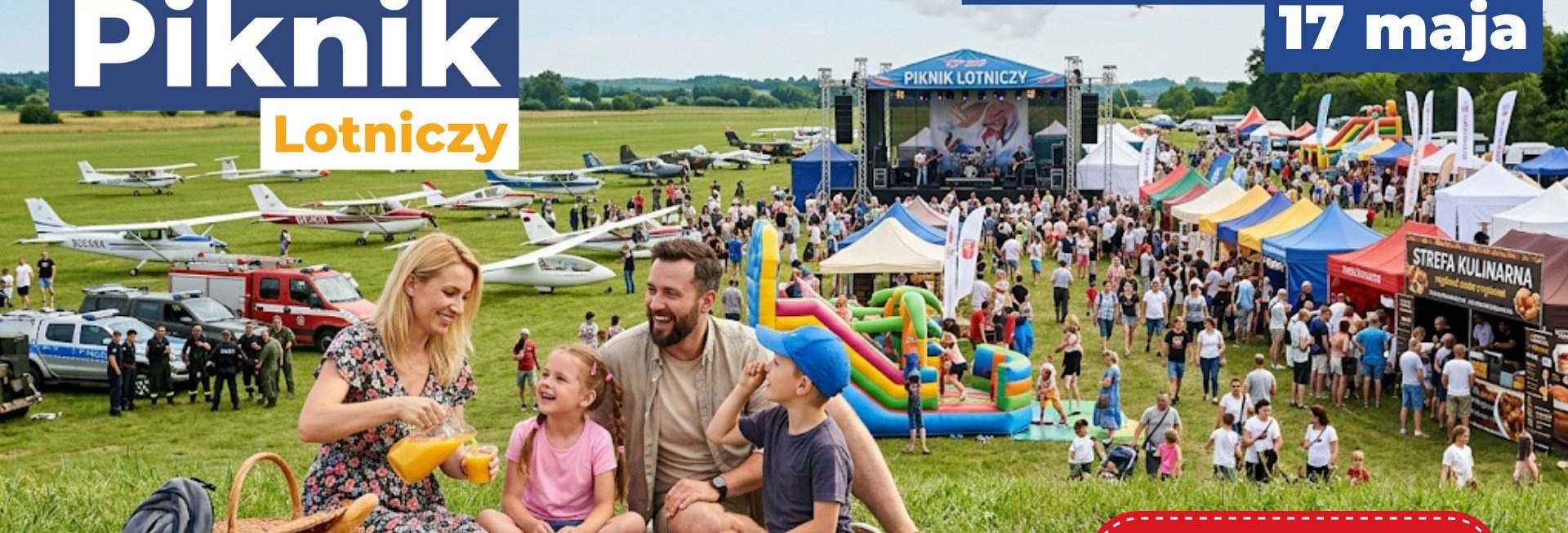 Plakat zapraszający w niedzielę 17 maja 2026 r. do Olsztyna na Rotariański Piknik Lotniczy Lotnisko Dajtki Olsztyn 2026. 