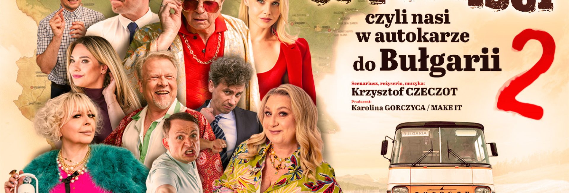 Plakat zapraszający w niedzielę 19 kwietnia 2026 r. do Olsztyna na spektakl teatralny „Optymiści 2 - czyli nasi w autokarze do Bułgarii” Olsztyn 2026. 