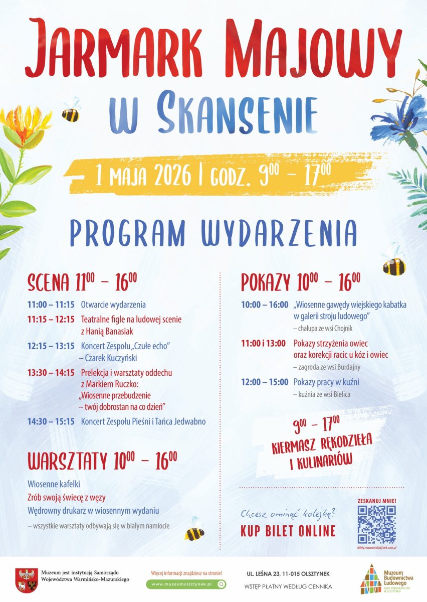 Plakat zapraszający w piątek 1 maja 2026 r. do Olsztynka na Jarmark Majowy w Skansenie Olsztynek 2026. 