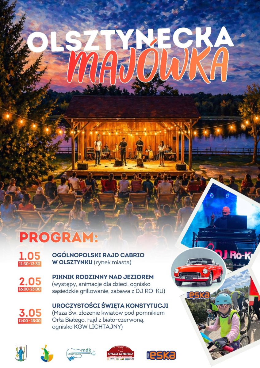 Plakat zapraszający w dniach 1-3 maja 2026 r. do Olsztynka na Olsztynecką Majówkę w Olsztynku 2026. 