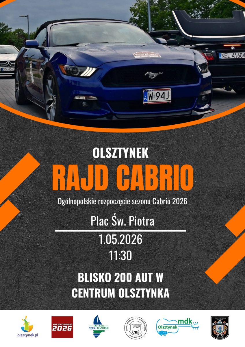 Plakat zapraszający w piątek 1 maja 2026 r. do Olsztynka na Rajd Cabrio 2026 – Olsztynek. 