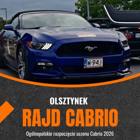 Plakat zapraszający w piątek 1 maja 2026 r. do Olsztynka na Rajd Cabrio 2026 – Olsztynek. 