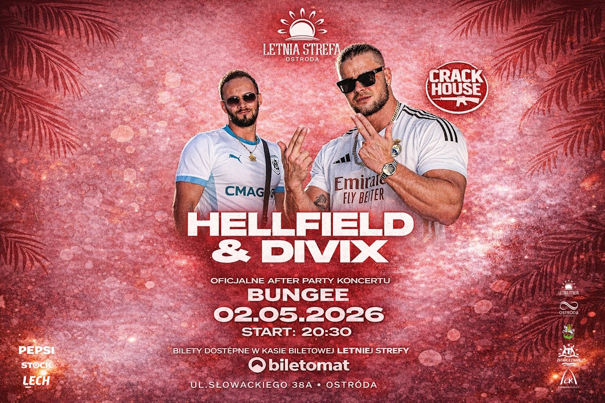 Plakat zapraszający w sobotę 2 maja 2026 r. do Ostródy na koncert Crack House – Oficjalny After Party Ostróda 2026. 
