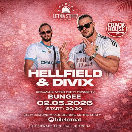 Plakat zapraszający w sobotę 2 maja 2026 r. do Ostródy na koncert Crack House – Oficjalny After Party Ostróda 2026. 