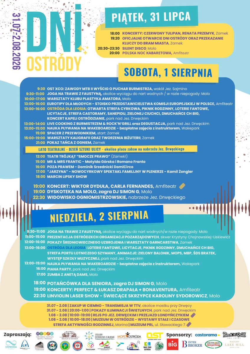 Plakat zapraszający w dniach od 31 lipca do 2 sierpnia 2026 r. do Ostródy na Dni Ostródy 2026 - program imprezy.