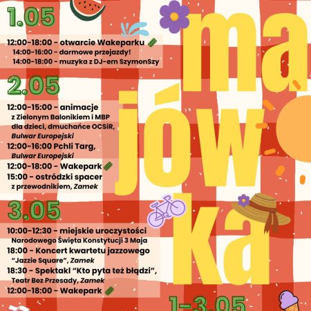 Plakat zapraszający w dniach 1-3 maja 2026 r. do Ostródy na Majówkę w Ostródzie 2026. 