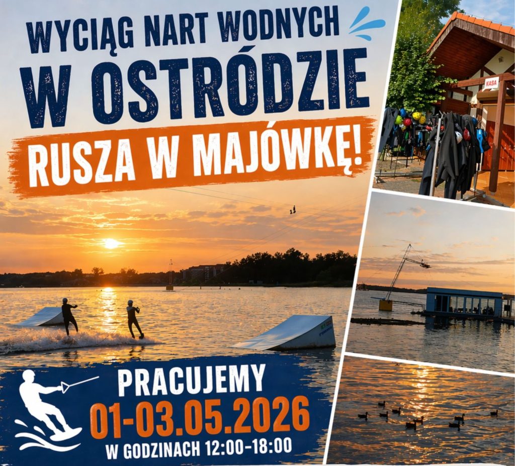 Plakat zapraszający w dniach 1-3 maja 2026 r. do Ostródy na Narty Wodne na Majówkę Ostróda 2026. 