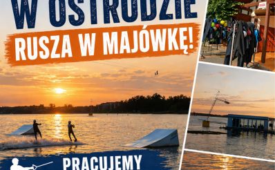Plakat zapraszający w dniach 1-3 maja 2026 r. do Ostródy na Narty Wodne na Majówkę Ostróda 2026. 