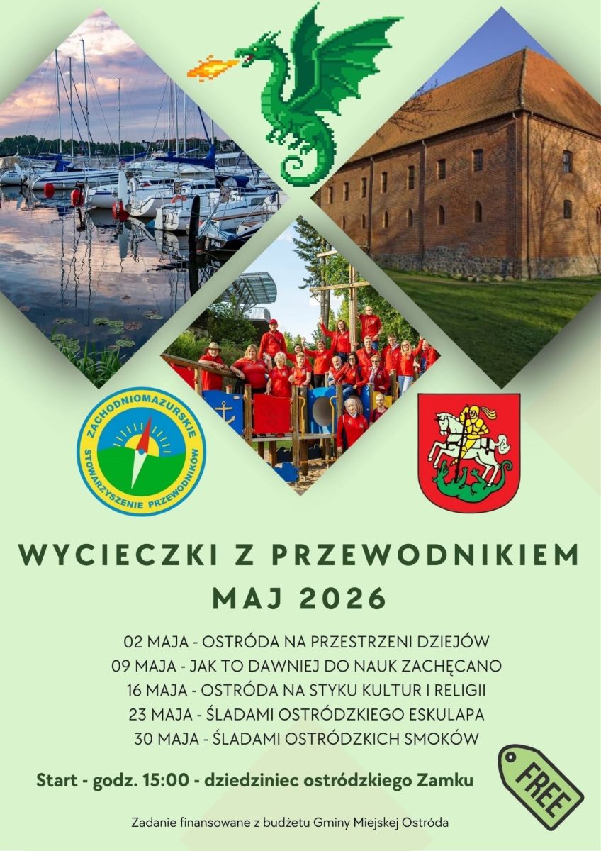 Plakat zapraszający na wycieczki w przewodnikiem po Ostródzie 2026.