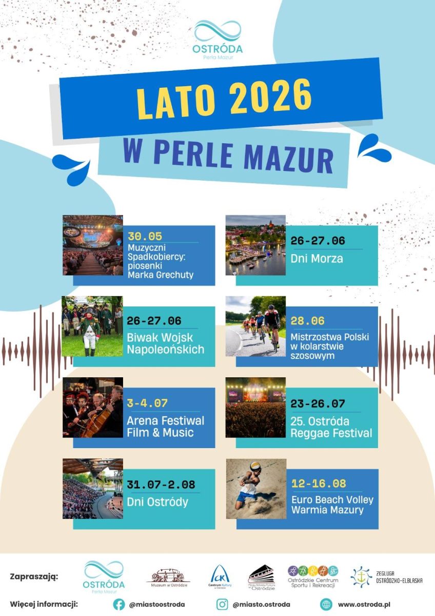 Ostróda. Kalendarz imprez lata 2026 organizowanych w Ostródzie w "Perle Mazur". 