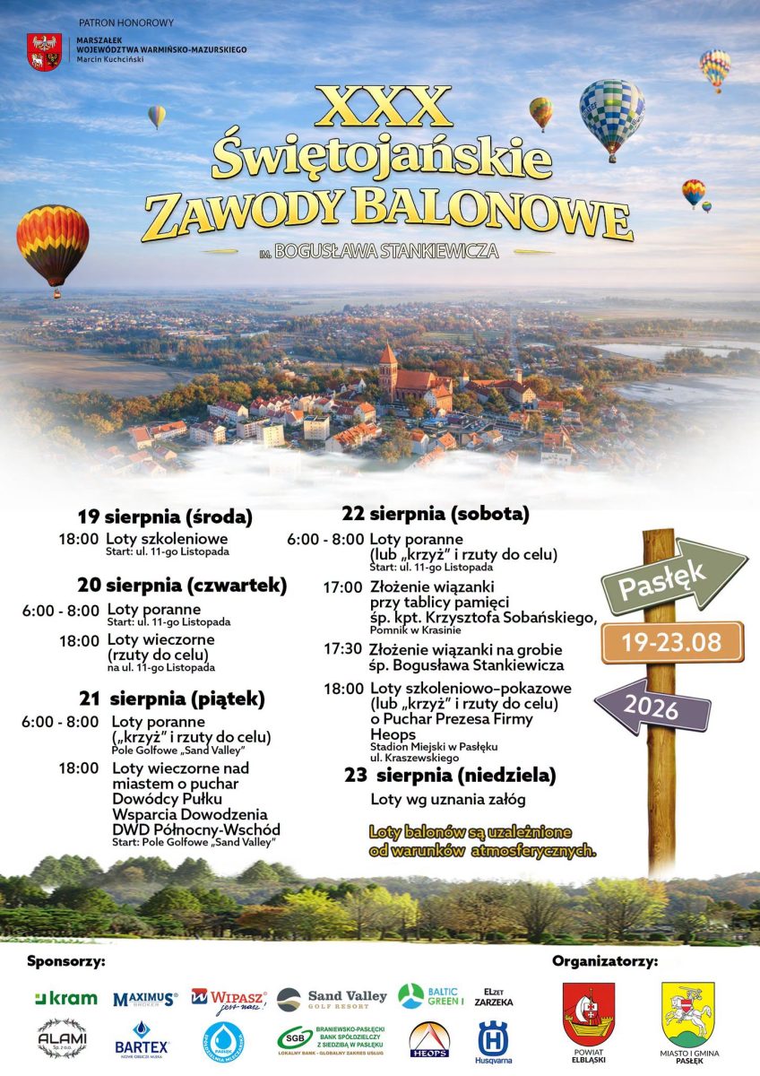Plakat zapraszający w dniach 19-23 sierpnia 2026 r. do Pasłęka na 30. edycję Świętojańskich Zawodów Balonowych Pasłęk 2026. 