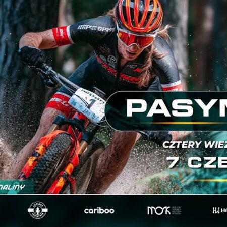 Plakat zapraszający w niedzielę 7 czerwca 2026 r. do Pasymia na zawody Łaciate Mazury MTB – Pasym "Cztery Wieże nad Kalwą" Pasym 2026.  