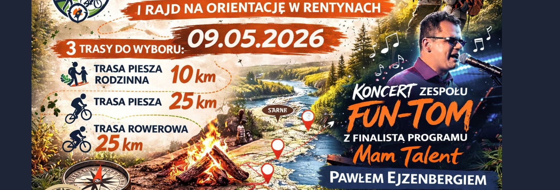 Plakat zapraszający w sobotę 9 maja 2026 r. do miejscowości Rentyny w gminie Gietrzwałd na Rajd na Orientację "Tropem Warmińskich Żywiołów" Rentyny 2026.