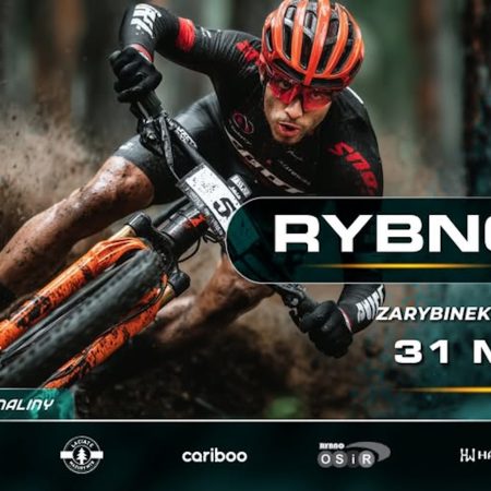 Plakat zapraszający w niedzielę 31 maja 2026 r. do Rybna w powiecie działdowskim na zawody Łaciate Mazury MTB Rybno 2026 "Zarybinek MTB Classic" Rybno 2026. 