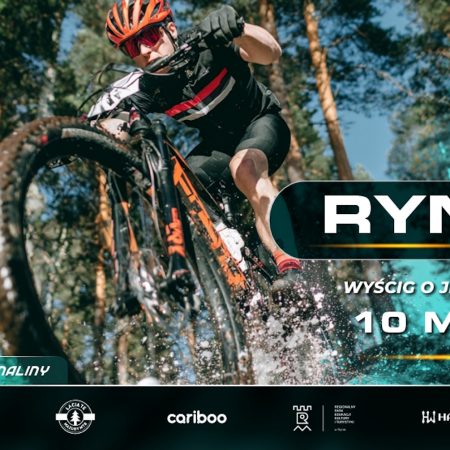 Plakat zapraszający w niedzielę 10 maja 2026 r. do Rynu na wyścig Łaciate Mazury MTB 2026 Ryn - "Wyścig o Jelenie Rogi" Ryn 2026.  