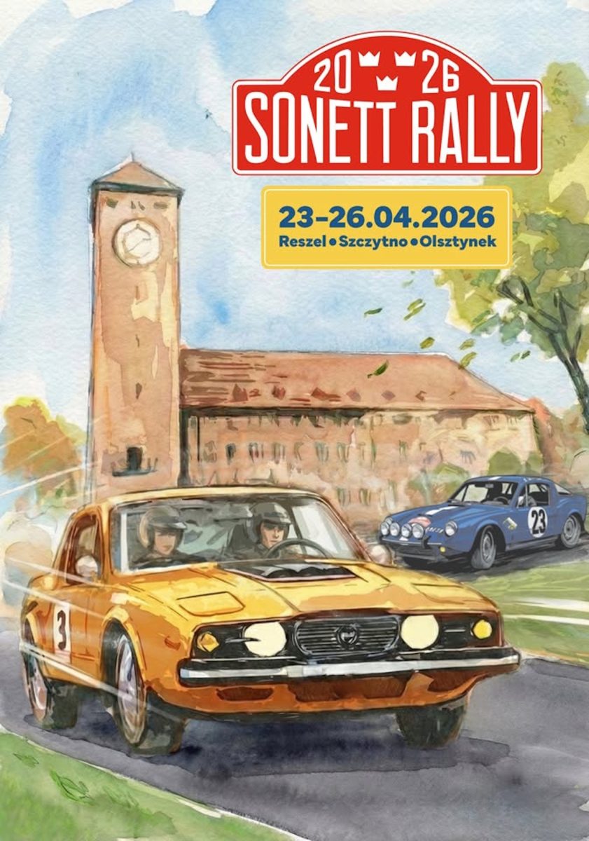 Plakat zapraszający w dniach 23-26 kwietnia 2026 r. do miejscowości Warchały na Rajd Sonetta Mazury 2026.  