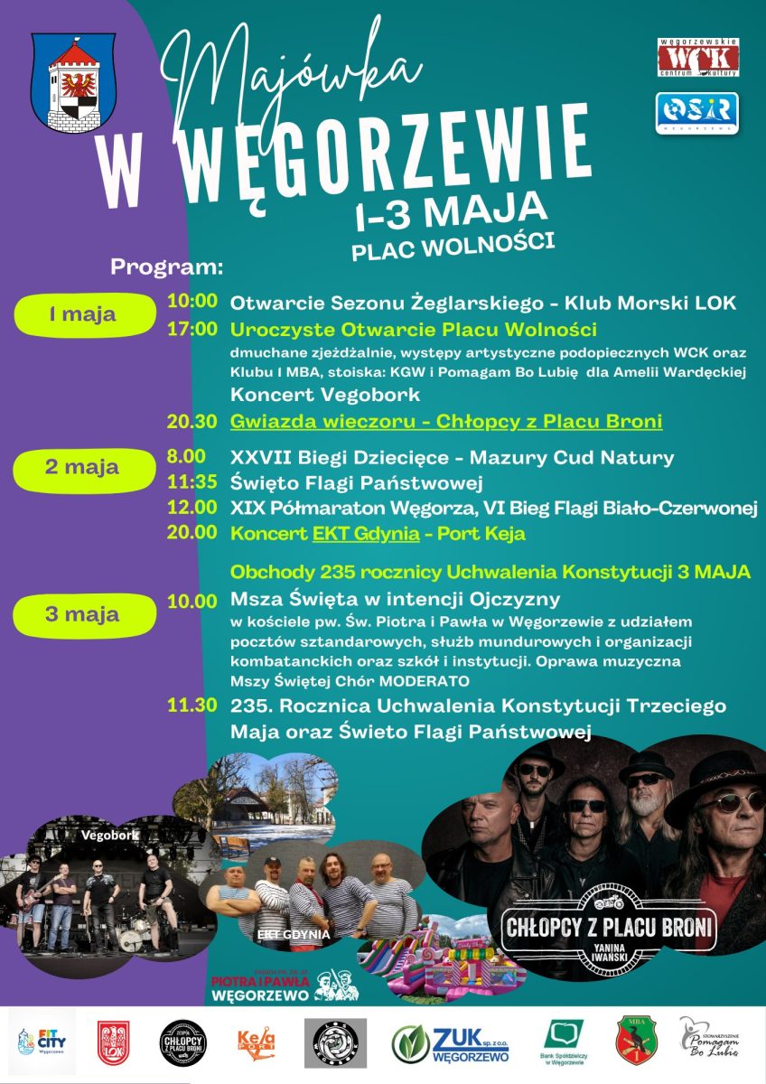 Plakat zapraszający w dniach 1-3 maja 2026 r. do Węgorzewa na Majówkę w Węgorzewie 2026. 