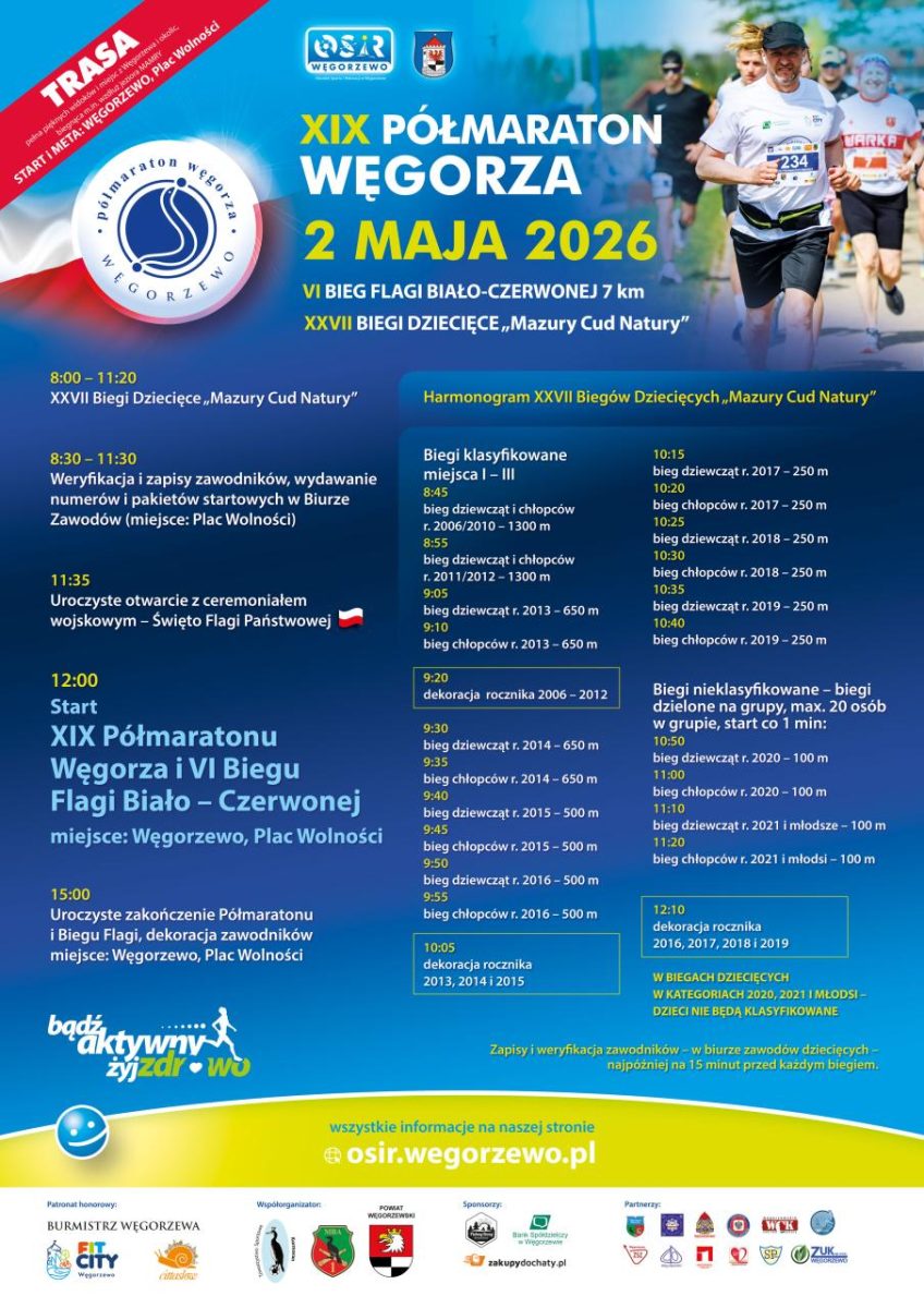 Plakat zapraszający w sobotę 2 maja 2026 r. do Węgorzewa na Półmaraton Węgorza & Bieg Flagi Biało-Czerwonej Węgorzewo 2026.