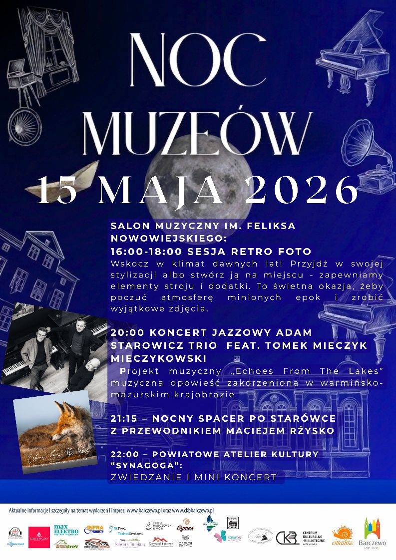 Plakat zapraszający w piątek 15 maja 2026 r. do Barczewa na Noc Muzeów Barczewo 2026. 