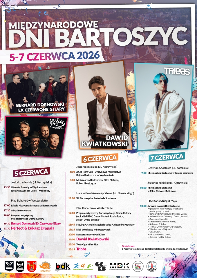 Plakat zapraszający w dniach 5-7 czerwca 2026 r. do Bartoszyc na Międzynarodowe Dni Bartoszyc 2026. 