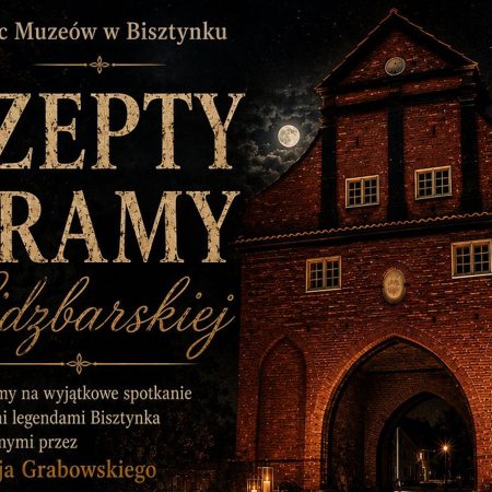 Plakat zapraszający w sobotę 16 maja 2026 r. do Bisztynka na Noc Muzeów Bisztynek 2026.