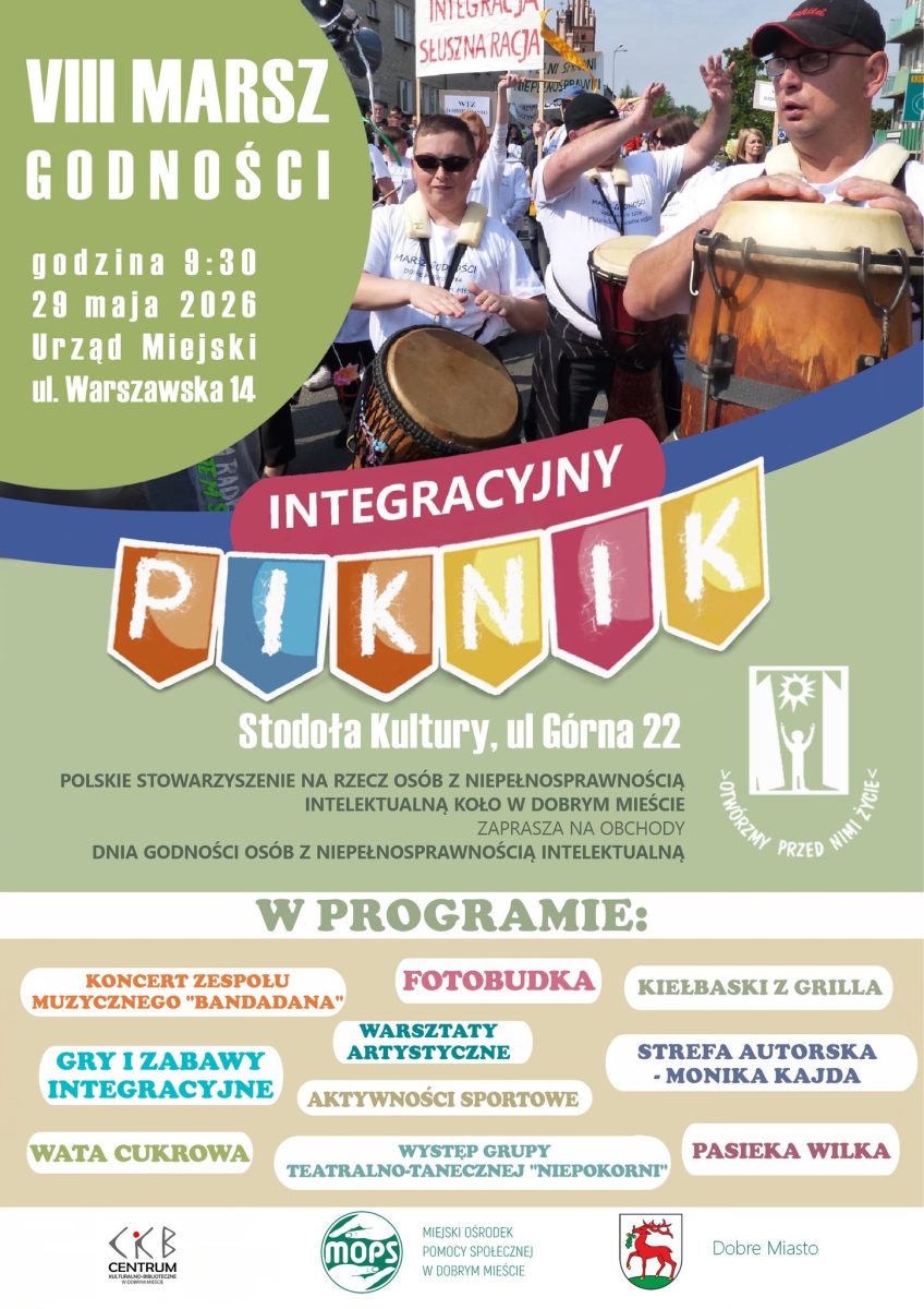 Plakat zapraszający w piątek 29 maja 2026 r. na Dobrego Miasta na Integracyjny Piknik Dobre Miasto 2026. 