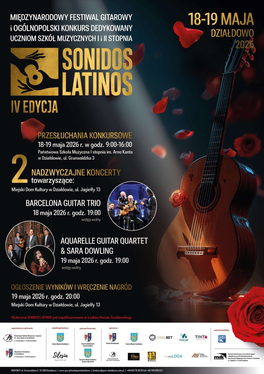Plakat zapraszający w dniach 18-19 maja 2026 r. do Działdowa na Międzynarodowy Festiwal Gitarowy Działdowo 2026. 