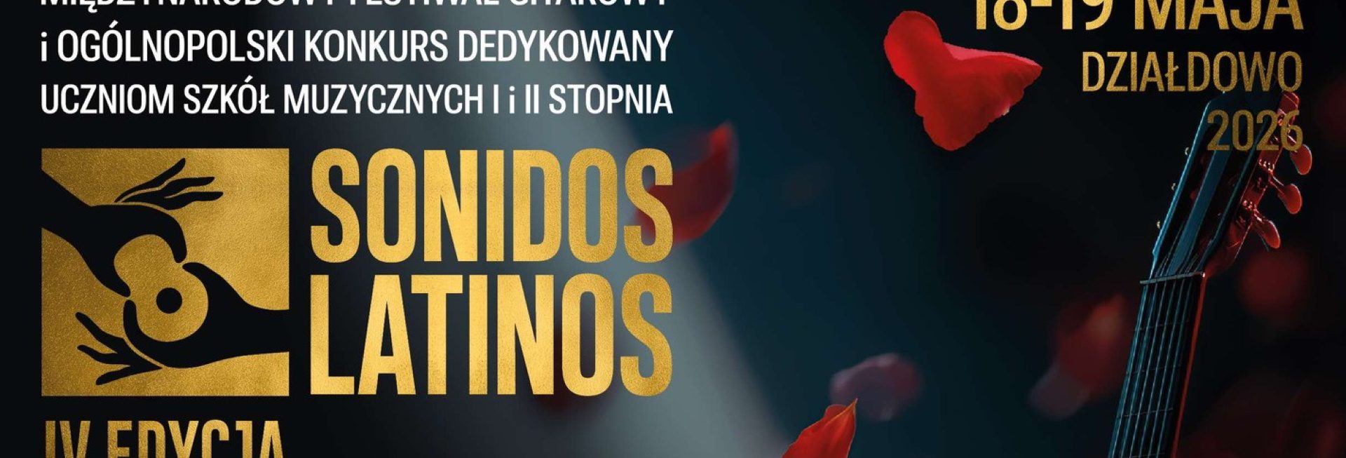 Plakat zapraszający w dniach 18-19 maja 2026 r. do Działdowa na Międzynarodowy Festiwal Gitarowy Działdowo 2026. 