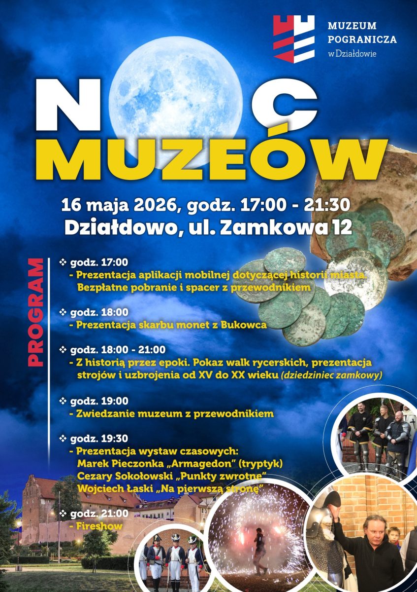 Plakat zapraszający w sobotę 16 maja 2026 r. do Działdowa na Noc w Muzeum w Działdowie 2026. 