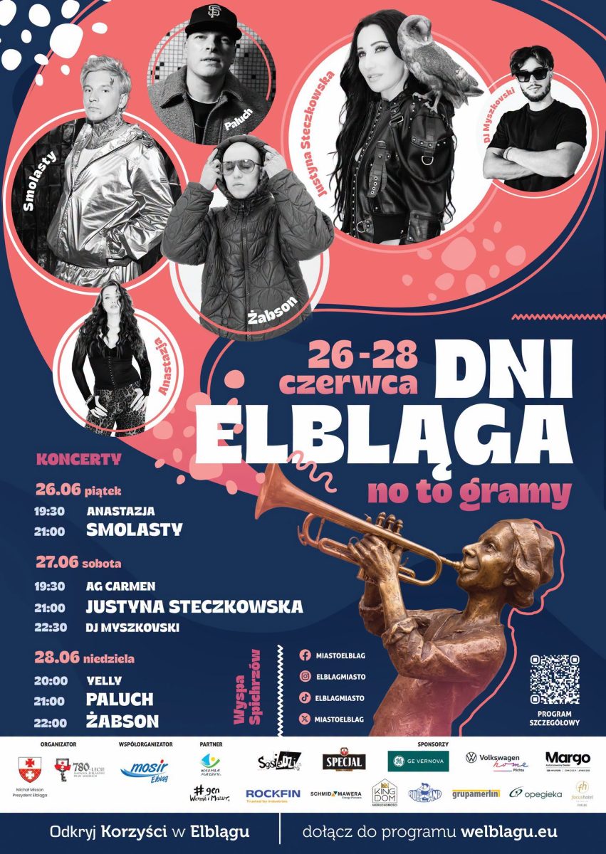 Plakat zapraszający w dniach 26-28 czerwca 2026 r. do Elbląga na cykliczną imprezę Dni Elbląga 2026.