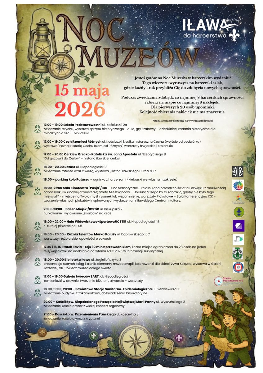 Plakat zapraszający w piątek 15 maja 2026 r. do Iławy na Noc Muzeów w Iławie 2026. 
