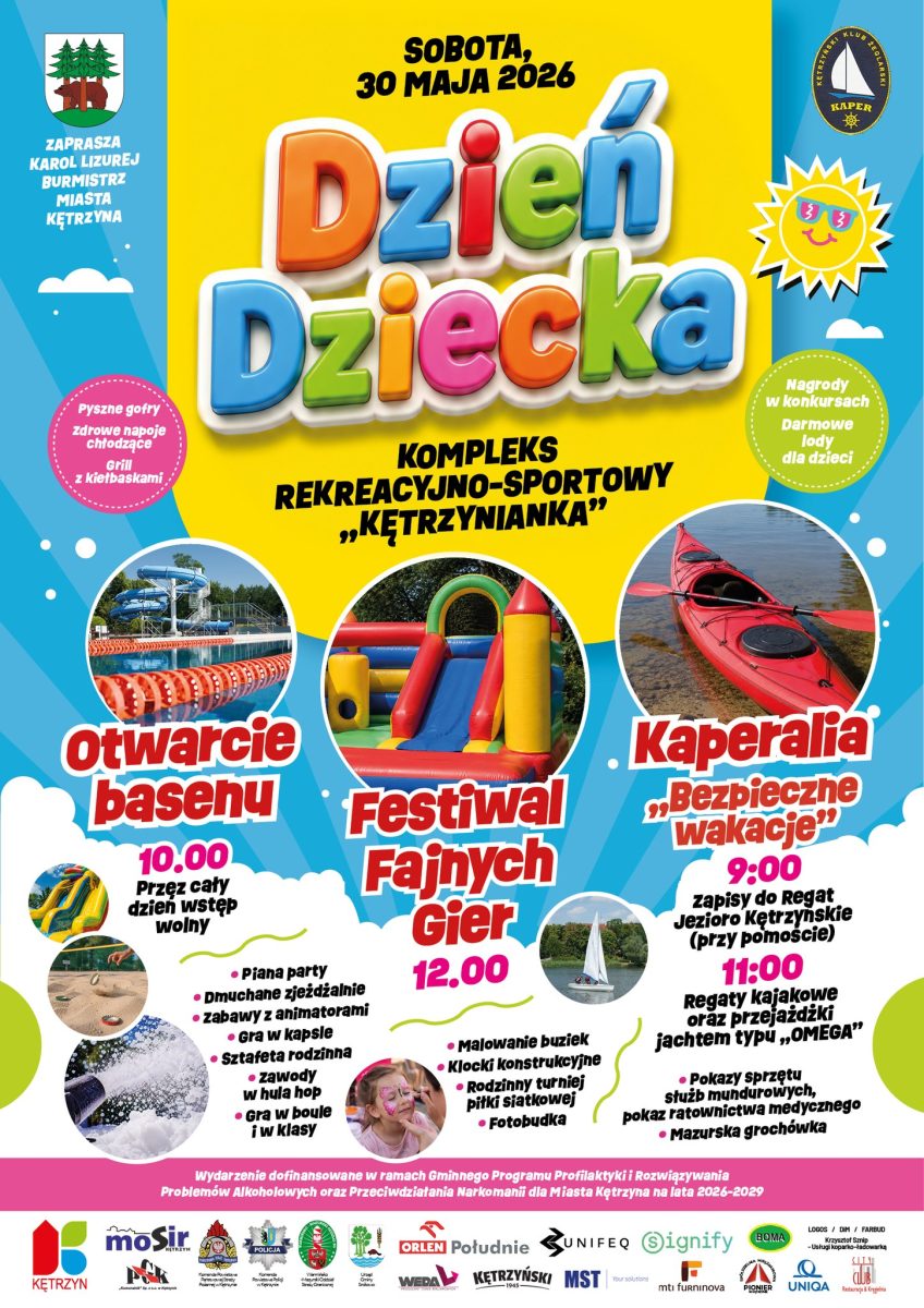 Plakat zapraszający w sobotę 30 maja 2026 r. do Kętrzyna na Dzień Dziecka Kętrzyn 2026. 