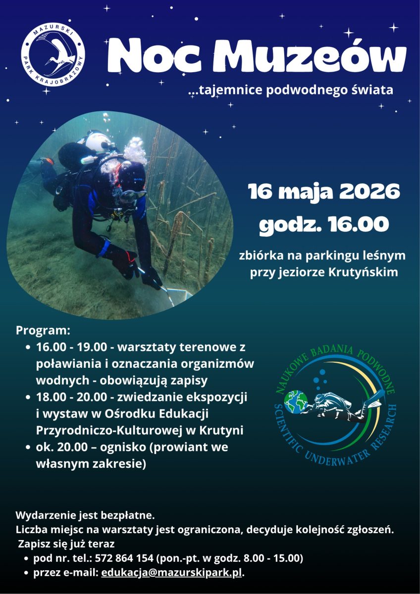 Plakat zapraszający w sobotę 16 maja 2026 r. do Krutyni na Noc Muzeów "...Tajemnice podwodnego świata" Krutyń 2026. 