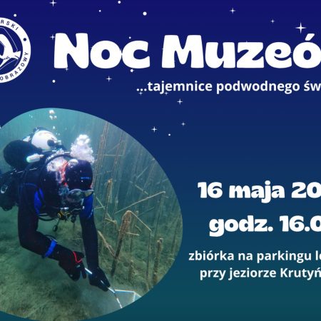 Plakat zapraszający w sobotę 16 maja 2026 r. do Krutyni na Noc Muzeów "...Tajemnice podwodnego świata" Krutyń 2026. 