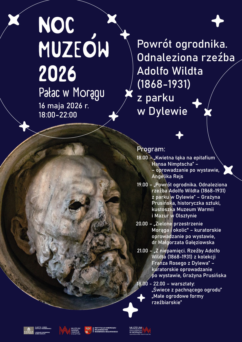 Plakat zapraszający w sobotę 16 maja 2026 r. do Morąga na Noc Muzeów Pałac Morąg 2026. 