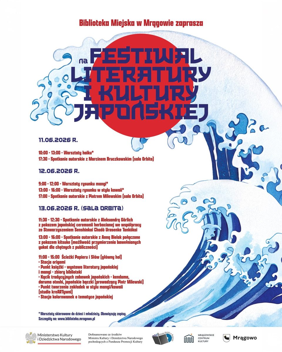 Plakat zapraszający w dniach 11-13 czerwca 2026 r. do Mrągowa na Festiwal Literatury i Kultury Japońskiej Mrągowo 2026 