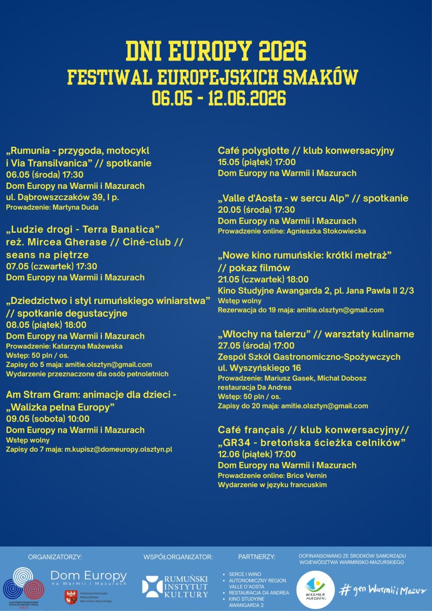 Plakat zapraszający w piątek 15 maja do Olsztyna na spotkanie, Dni Europy 2026 Festiwal Europejskich Smaków Olsztyn 2026 